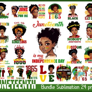 Peut inclure: Un ensemble de 24 designs de sublimation numériques sur le thème de Juneteenth. Les designs comprennent diverses illustrations de femmes noires, du texte et des graphismes. Les designs sont dans une variété de couleurs, notamment le rouge, le vert, le noir et le jaune.