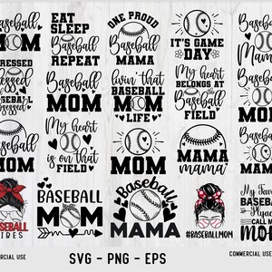 May include: A collection of 14 black and white baseball-themed SVG designs featuring text such as "Baseball Mom", "Eat Sleep Baseball Repeat", "One Proud Baseball Mama", "My Heart is on That Field", and "Baseball Mama Mama".