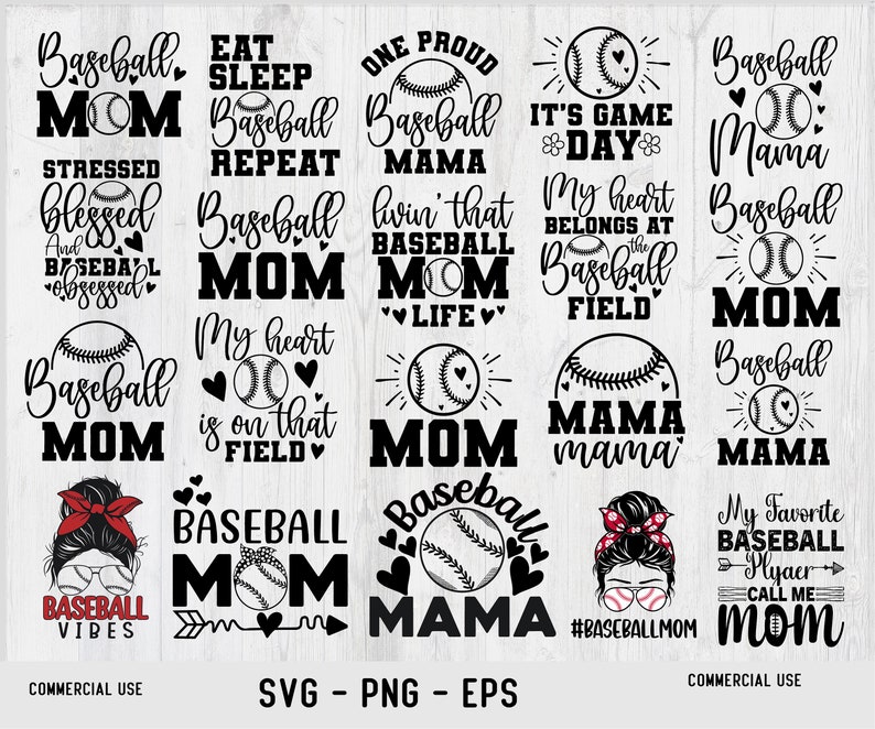 May include: A collection of 14 black and white baseball-themed SVG designs featuring text such as "Baseball Mom", "Eat Sleep Baseball Repeat", "One Proud Baseball Mama", "My Heart is on That Field", and "Baseball Mama Mama".
