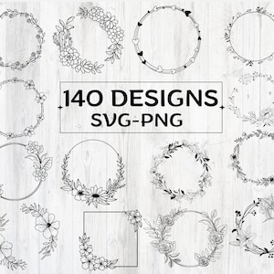 Peut inclure: Une collection de 140 motifs de couronnes florales en noir et blanc. Les couronnes sont composées de différentes fleurs, feuilles et branches. Le texte "140 DESIGNS SVG-PNG" est affiché au centre de l'image.