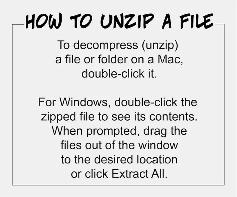 May include: A white graphic with the text "HOW TO UNZIP A FILE". Instructions are provided for unzipping files on Mac and Windows operating systems. The text explains how to decompress a file or folder.