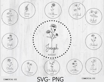 Birth Month Flowers Svg Png, Birth Flowers Name Svg, Png, Flower Bouquet Svg, Birth Sign Svg, Family Name Sign Svg, Instant Download