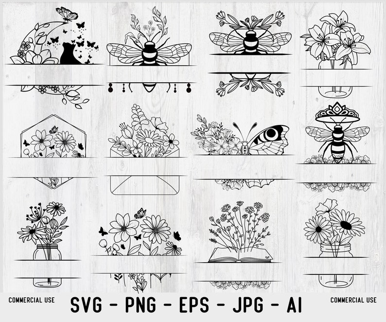 May include: A set of 16 black and white floral and insect SVG cut files. The designs include bees, butterflies, flowers, and jars. The files are perfect for creating personalized crafts, home decor, and more.