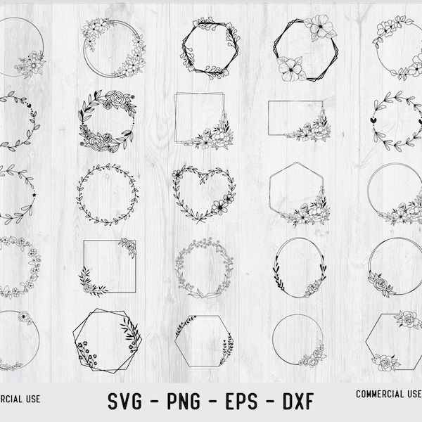 25 FLORAL WREATH SVG Pngg Bundle Circle Frame Svg Botanical Frame Wedding Wreath Svg Flower Garland Cricut Silhouette Svg Png