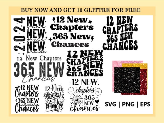 12 New Chapters 365 New Chances Svg Png, New Year 2024 PNG, Happy New Year Glitter Sequins PNG Holidays