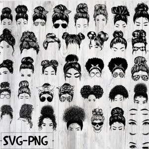 Puede incluir: Archivo digital SVG-PNG en blanco y negro con varios peinados, incluyendo moños despeinados, colas de caballo y cabello rizado. Algunos diseños incluyen gafas de sol, pañuelos y gafas. El texto "SVG-PNG" está en la parte inferior.