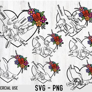 1-7 Flowers Hands Mom/Grandma and Childs Svg Png Bundle ,Mother&#39;s Day Digital File, Custom Name Hand Kid Names Svg Png, Gift Best Mom Svg