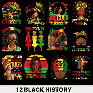 May include: Twelve colorful graphic designs featuring black women and the text "Juneteenth" with various slogans and dates. The designs are set against a black background.