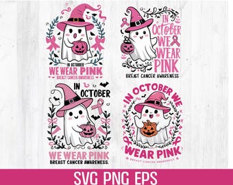 In October We Wear Pink Svg Png, Breast Cancer Awareness Svg, Retro Breast Cancer Svg, Halloween Pink Ghost Svg, Halloween Shirt Sublimation