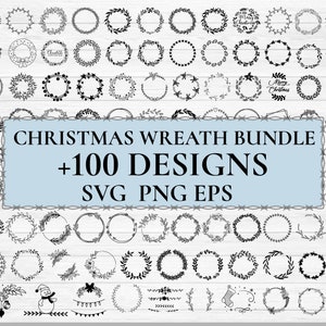 Peut inclure: Une collection de 100 motifs de couronnes de Noël en noir et blanc. Les couronnes sont de formes et de tailles variées, y compris des cercles, des ovales et des carrés. Les couronnes sont décorées de divers éléments de Noël, tels que du houx, des baies et des flocons de neige. Le texte "CHRISTMAS WREATH BUNDLE +100 DESIGNS SVG PNG EPS" est affiché dans une boîte bleue.