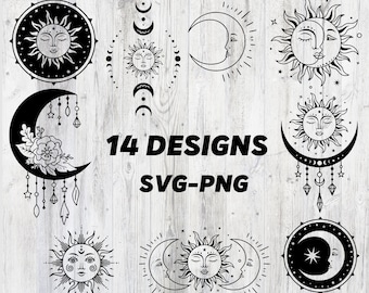Sonne und Mond SVG PNG, Boho SVG, himmlische SVG-Designs mit Mondphase, mystischer Druck für Hemd, himmlisches SVG-PNG-Design mit Halbmond