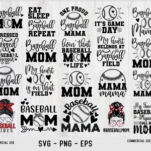 May include: A collection of 14 black and white baseball-themed SVG designs featuring text such as "Baseball Mom", "Eat Sleep Baseball Repeat", "One Proud Baseball Mama", "My Heart is on That Field", and "Baseball Mama Mama".