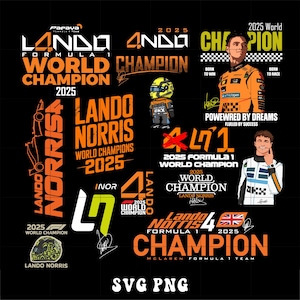May include: A black graphic featuring multiple orange and white designs celebrating Lando Norris, Formula 1. Includes text such as "World Champion 2025", "Lando Norris", and a Union Jack flag. Also includes a cartoon of Lando Norris.