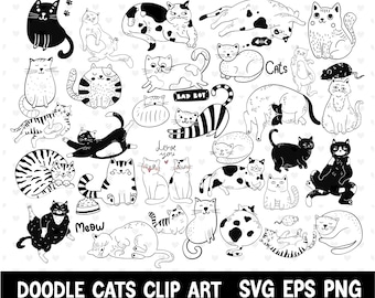 Cute Cats doodles clipart Svg Png Bundle, Cat doodle svg, Animal hand drawn, Cricut Silhouette