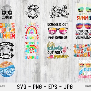 Peut inclure: Une collection de 10 designs numériques colorés avec le texte "School's Out for Summer" dans différentes polices et styles. Les designs incluent des images de palmiers, de lunettes de soleil, d'arcs-en-ciel et d'autres éléments sur le thème de l'été.