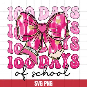 Peut inclure: Graphique rose et or avec un grand nœud rose et le texte "100 jours d'école" dans une police rose et blanche.
