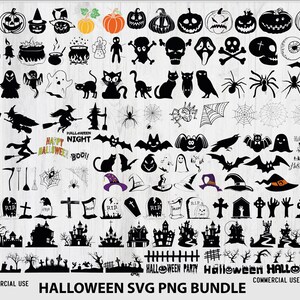 Peut inclure: Un ensemble de graphiques SVG et PNG sur le thème d'Halloween. Les images incluent des citrouilles, des chauves-souris, des araignées, des sorcières, des fantômes, des crânes et des maisons hantées. Le texte comprend "Happy Halloween".