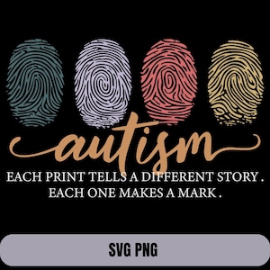 Puede incluir: Cuatro diseños de huellas dactilares de colores con el texto "autismo" en una fuente cursiva. El texto debajo dice "Cada huella cuenta una historia diferente. Cada una deja una marca."