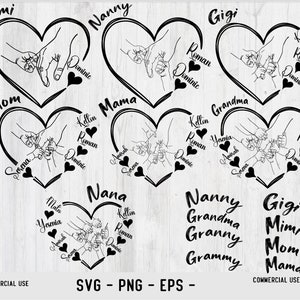 Hands Mom/Grandma and Childs Svg Png Bundle, Mother&#39;s Day Digital File, Custom Name Hand Kid Names Svg Pn