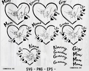 Manos mamá/abuela y niños Svg Png Bundle, archivo digital del Día de la Madre, nombre personalizado nombres de niños de mano Svg Pn