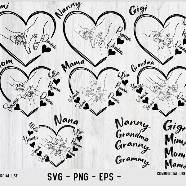 Manos mamá/abuela y niños Svg Png Bundle, archivo digital del Día de la Madre, nombre personalizado nombres de niños de mano Svg Pn
