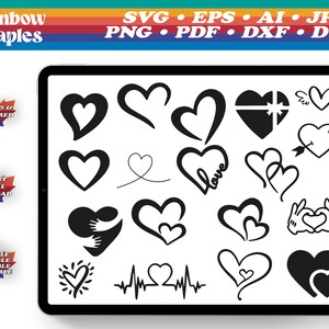 Puede incluir: Un diseño digital con varias ilustraciones de corazones negros en la pantalla de una tableta. Los diseños incluyen corazones con alas, flechas y la palabra "love". La parte superior de la imagen muestra el texto "Rainbow Maples" y opciones de tipo de archivo.