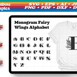 Puede incluir: Una descarga digital de un alfabeto de monograma con alas de hada. El alfabeto está en blanco y negro y se muestra en una camiseta blanca. Las letras están en negrita y están rodeadas de delicadas alas de hada.