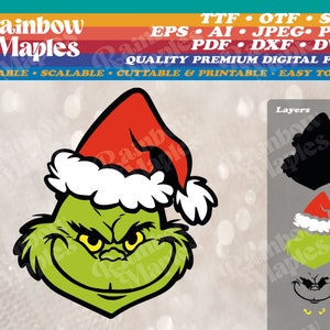 May include: Green Grinch character wearing a red and white Santa hat. The Grinch is frowning with a mischievous expression. The image is layered with a silhouette of the Grinch and a separate layer of the hat.