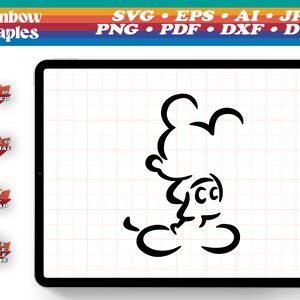 Könnte beinhalten: Schwarz-weiße Silhouette einer Comic-Mausfigur mit großen Ohren und einem einfachen Design. Die Figur steht mit verschränkten Armen und blickt nach rechts. Das Bild ist auf weißem Hintergrund mit einem Gittermuster.