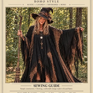 Puede incluir: Una guía de costura para un vestido de bruja primitivo de Black Sheep Creations. El documento incluye texto, el título, rangos de tallas de S/M a 2X/3X y una fotografía de un vestido negro y marrón con capas, sombrero y bastón a juego.