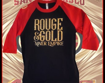 49er&#39;s Glitter &#39;Rouge & Gold Niner Empire&#39; Black/Red Baseball Tee (Unisex)