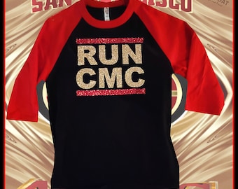 Christian McCaffrey &#39;RUN CMC GLITTER&#39; Black/Red Baseball Tee (Unisex)