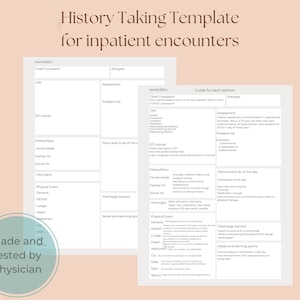 May include: A printable medical history taking template for inpatient encounters. The template is divided into sections for patient information, chief complaint, ED course, physical exam, and discharge barriers. The template is designed to help medical professionals document patient information in a clear and concise manner.