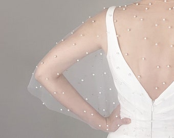 White Pearl Capelet - Snow White Scattered Pearls, White Color Soft Tulle - Removable Wedding Cape