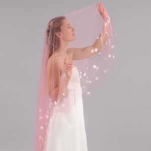 Rose Pink Wedding Veil With Flowers, Dusty Rose Tulle With White Flowers and Pearls, Blusher Veil - With Bridal Hair Comb