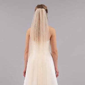May include: A white bridal veil with a single layer of tulle, flowing down the back of the bride.