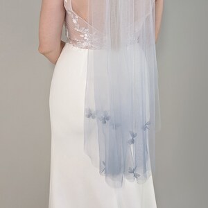 Butterfly Dusty Blue Ombre Butterfly Wedding Veil, Blue Dip Dyed - Gradient Veil With 3D Butterflies, Silver Color Bridal Comb