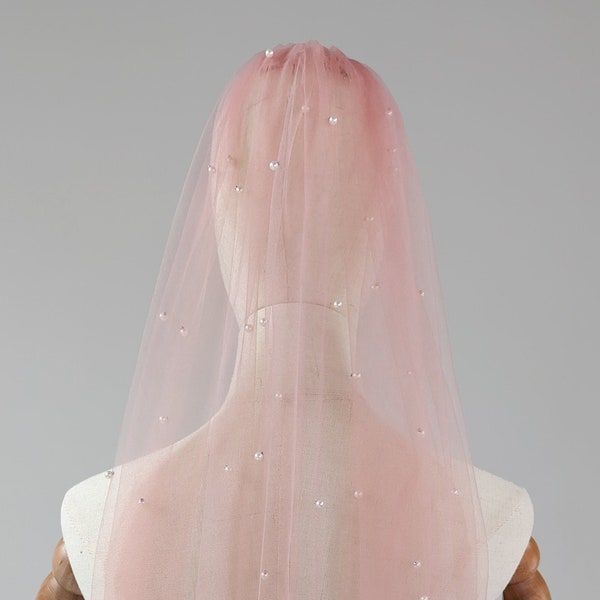 Rose Blush Wedding Veil With Pearls, Blush Pink Color Fabric, White Pearl Veil - Scattered Pearls, Rose Gold Color Bridal Comb