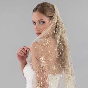 Celestial Gold Wedding Veil - Star And Moon Bridal Veil, Champagne Color Soft Tulle Embroidered With Star Motifs , Single Tier Veil