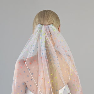 Colorful Polka Dot Wedding Veil, Spotted Wedding Veil, Silver Metal Hair Comb, White Color With Rainbow Dots