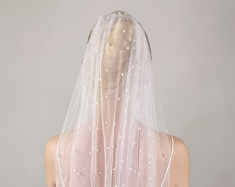 Pure White Pearl Wedding Veil, Scattered Pearls, Pure White Tulle - With Bridal Hair Comb