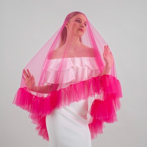 Hot Pink Ruffle Veil, Magenta Tulle With Frill Edge, Fuchsia Ruffle Edge - With Gold Bridal Hair Comb