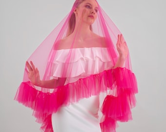 Hot Pink Ruffle Wedding Veil: Magenta Tulle Bridal Comb - Etsy