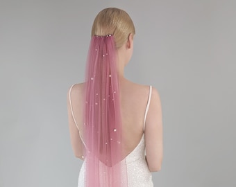 Dusty Pink Wedding Veil With Pearls, Rose Pink Color Fabric, White Pearl Veil - Scattered Irregular Pearls, Silver Color Bridal Comb