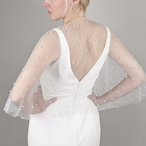 Pearl Cape - Bridal Capelet Scattered Pearls, Ivory Color Soft Tulle - Removable Wedding Cape