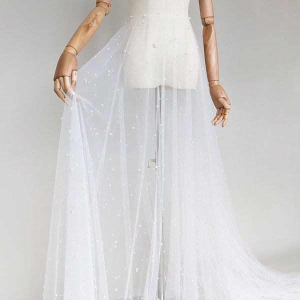 Dramatic Pearl Overskirt - Heavily Beaded Bridal Skirt, Ivory Soft Tulle, Ivory Color Scattered Pearls - Detachable Wedding Skirt