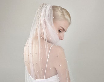 Neutral Ivory Pearl Veil, Scattered Pearl Soft Mesh Fabric, Ivory Tulle - Scattered Pearls, Silver Color Bridal Comb