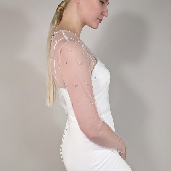 Bridal Top With Cascading Pearls - Soft Ivory Tulle, Condensed Pearls At The Top, Long Sleeve Bridal Topper With Back Closure