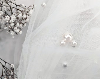 Hidden Mouse, Pearl Veil, Ivory Color Fabric, Ivory Pear Veil - Scattered Pearls, Silver Color Bridal Comb