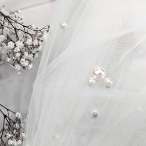 Hidden Mouse, Pearl Veil, Ivory Color Fabric, Ivory Pear Veil - Scattered Pearls, Silver Color Bridal Comb